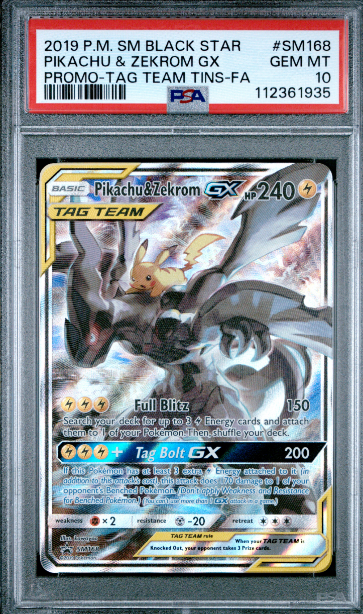 2019 POKEMON SM BLACK STAR PROMO #SM168 PIKACHU & ZEKROM GX PROMO-TAG TEAM TINS-FA - PSA 10