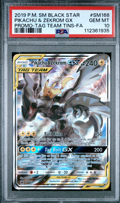 2019 POKEMON SM BLACK STAR PROMO #SM168 PIKACHU & ZEKROM GX PROMO-TAG TEAM TINS-FA  - PSA 10