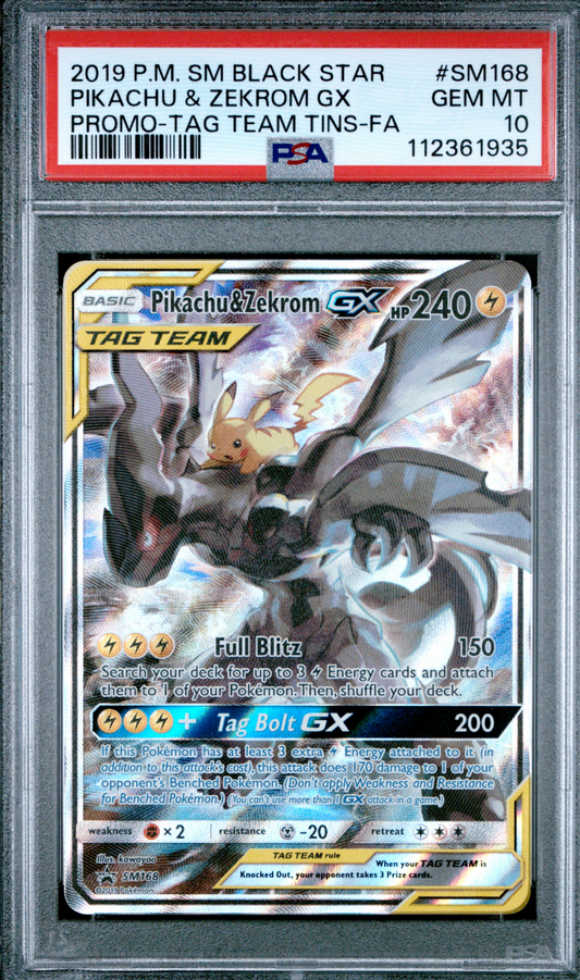 2019 POKEMON SM BLACK STAR PROMO #SM168 PIKACHU & ZEKROM GX PROMO-TAG TEAM TINS-FA  - PSA 10