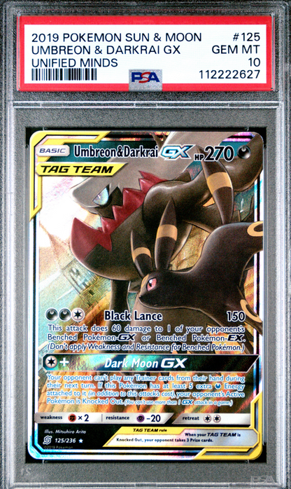 2019 POKEMON SUN & MOON UNIFIED MINDS #125 UMBREON & DARKRAI GX UNIFIED MINDS - PSA 10