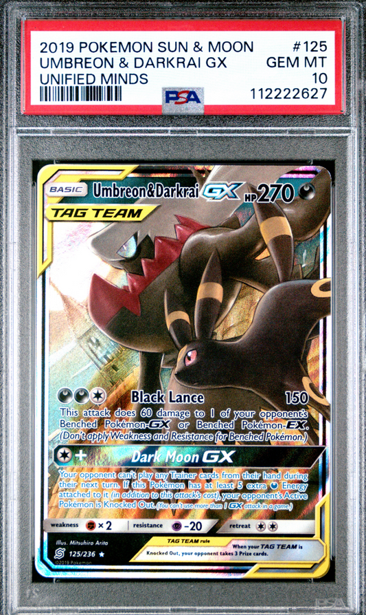 2019 POKEMON SUN & MOON UNIFIED MINDS #125 UMBREON & DARKRAI GX UNIFIED MINDS - PSA 10